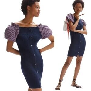 Anthropologie Maeve Puff-Sleeved Mini Dress Navy Mixed Media Size Small NWOT